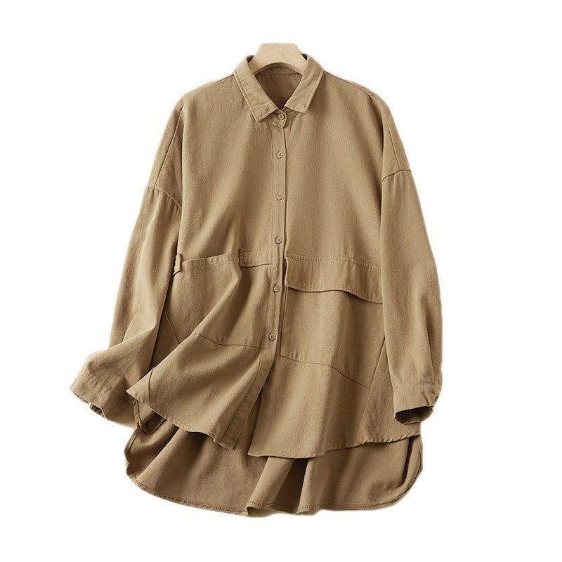 Buddha Stones Fall Irregular Design Long Sleeve Women's Cotton Linen Lapel Jacket With Pockets