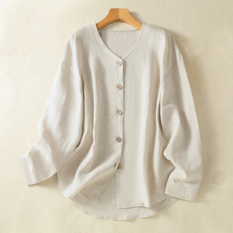 Buddha Stones Casual Spring Plain Buttons Design V-Neck Long Sleeve Women's Cotton Linen Shirt