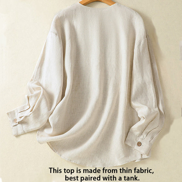 Buddha Stones Casual Spring Plain Buttons Design V-Neck Long Sleeve Women's Cotton Linen Shirt