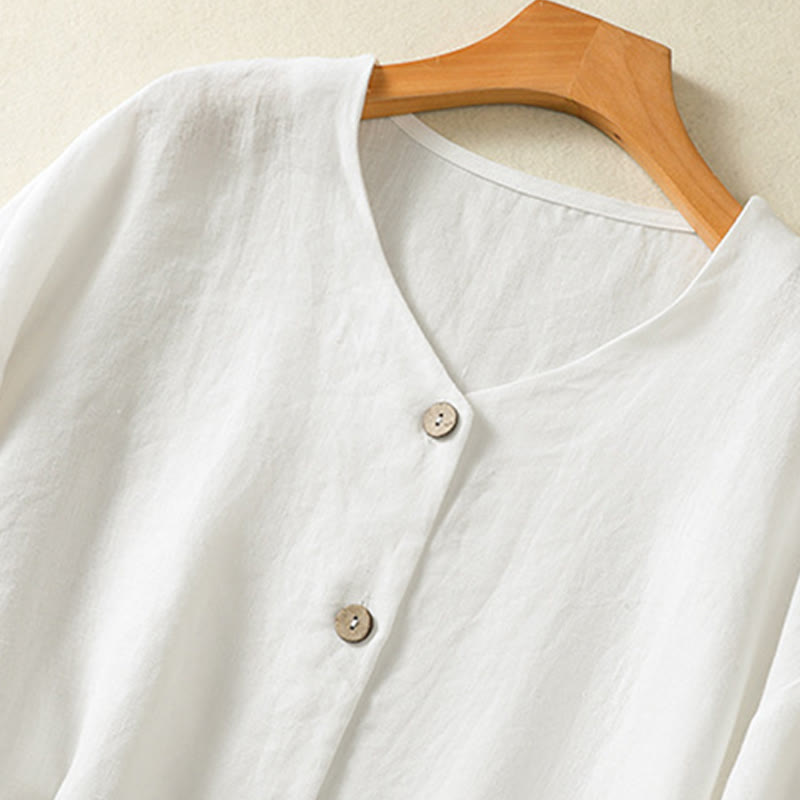 Buddha Stones Casual Spring Plain Buttons Design V-Neck Long Sleeve Women's Cotton Linen Shirt