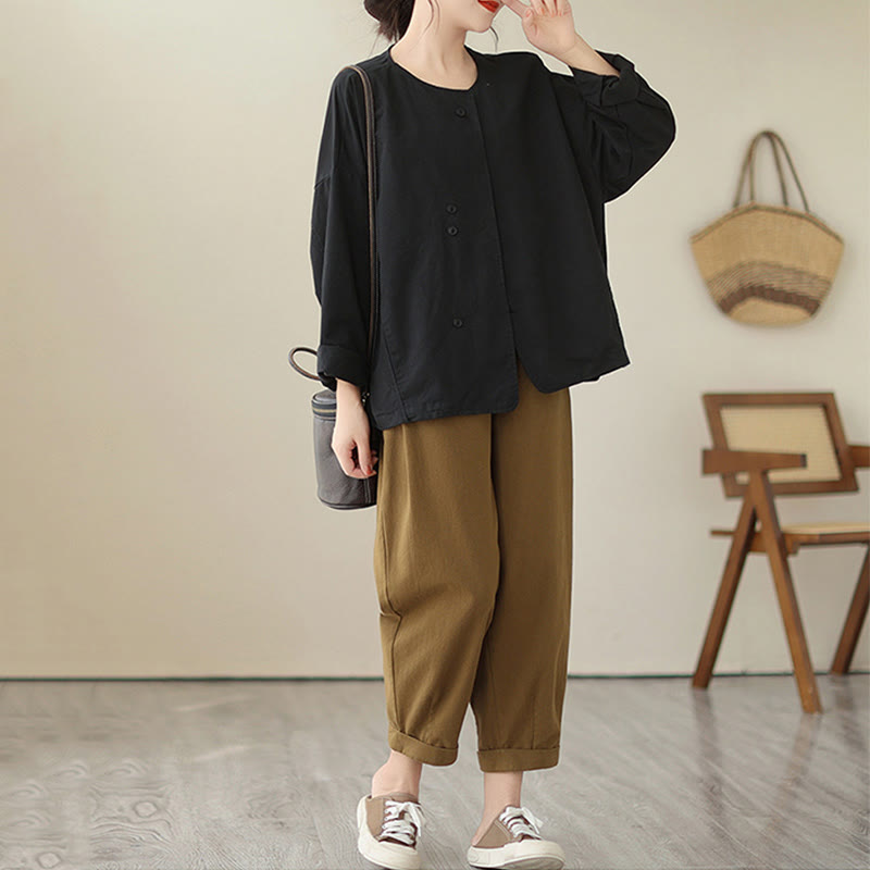 Buddha Stones Spring Plain Asymmetry Design Long Sleeve Women's Cotton Linen Jacket With Pockets