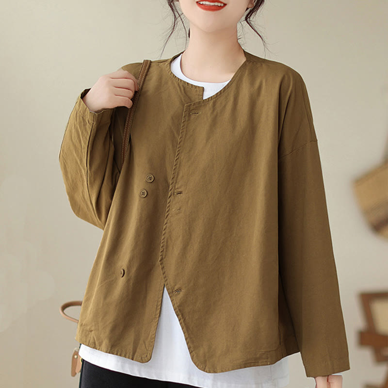 Buddha Stones Spring Plain Asymmetry Design Long Sleeve Women's Cotton Linen Jacket With Pockets