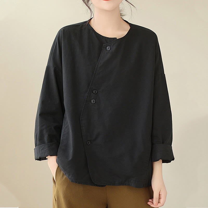 Buddha Stones Spring Plain Asymmetry Design Long Sleeve Women's Cotton Linen Jacket With Pockets