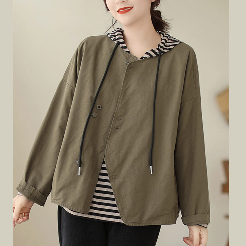 Buddha Stones Spring Plain Asymmetry Design Long Sleeve Women's Cotton Linen Jacket With Pockets