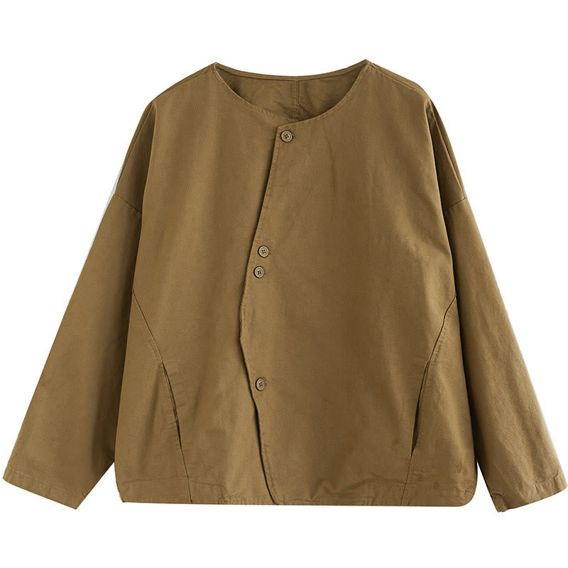 Buddha Stones Spring Plain Asymmetry Design Long Sleeve Women's Cotton Linen Jacket With Pockets