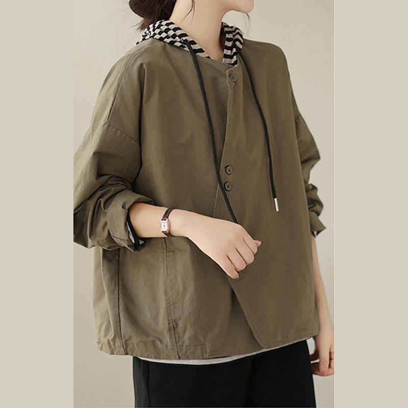 Buddha Stones Spring Plain Asymmetry Design Long Sleeve Women's Cotton Linen Jacket With Pockets