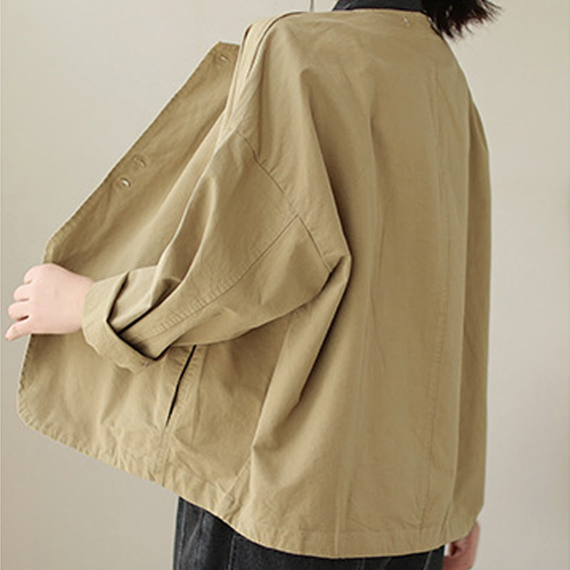 Buddha Stones Spring Plain Asymmetry Design Long Sleeve Women's Cotton Linen Jacket With Pockets