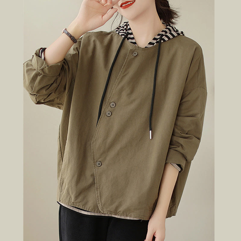 Buddha Stones Spring Plain Asymmetry Design Long Sleeve Women's Cotton Linen Jacket With Pockets