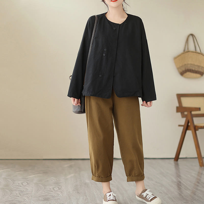 Buddha Stones Spring Plain Asymmetry Design Long Sleeve Women's Cotton Linen Jacket With Pockets