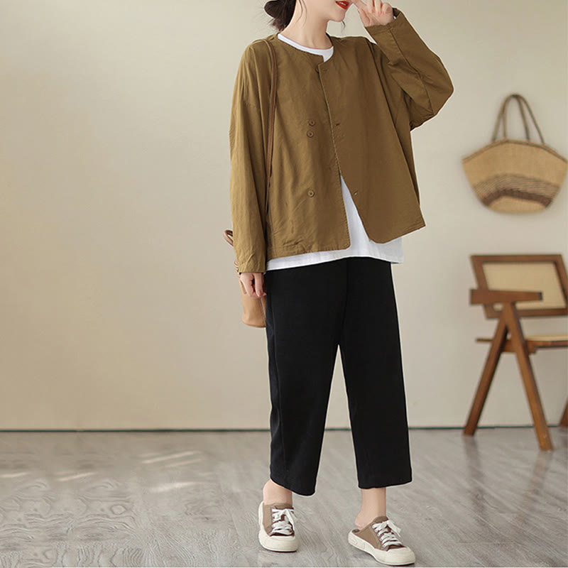 Buddha Stones Spring Plain Asymmetry Design Long Sleeve Women's Cotton Linen Jacket With Pockets