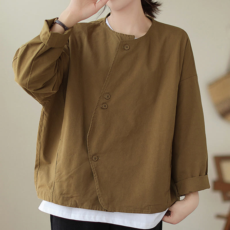 Buddha Stones Spring Plain Asymmetry Design Long Sleeve Women's Cotton Linen Jacket With Pockets