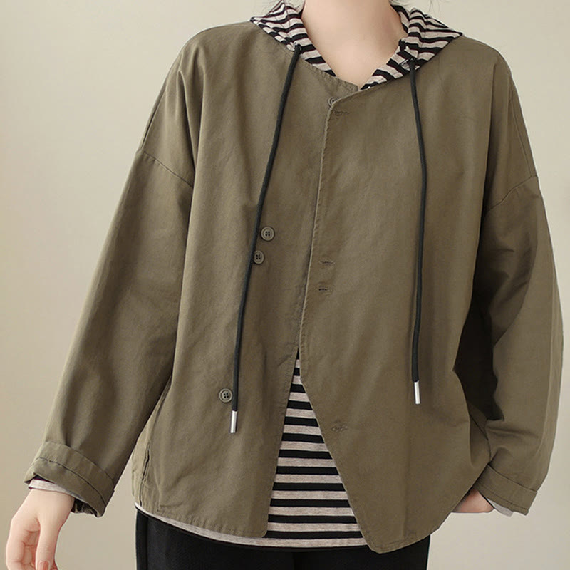 Buddha Stones Spring Plain Asymmetry Design Long Sleeve Women's Cotton Linen Jacket With Pockets