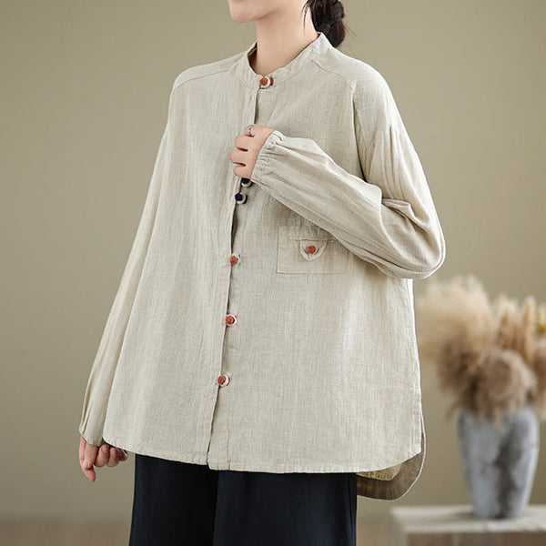 Buddha Stones Vintage Colorful Buttons Design Long Sleeve Women's Cotton Linen Shirt