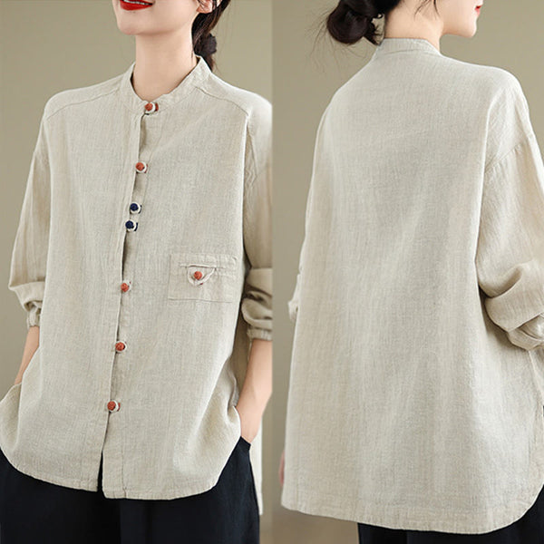 Buddha Stones Vintage Colorful Buttons Design Long Sleeve Women's Cotton Linen Shirt