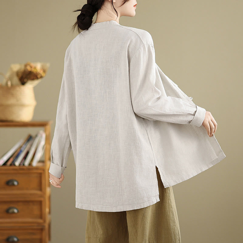 Buddha Stones Casual Solid Color Front Buttons Design Long Sleeve Women's Cotton Linen Shirt