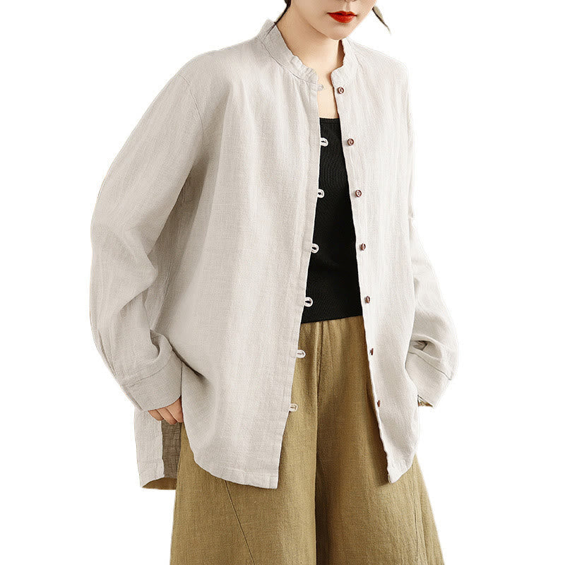 Buddha Stones Casual Solid Color Front Buttons Design Long Sleeve Women's Cotton Linen Shirt
