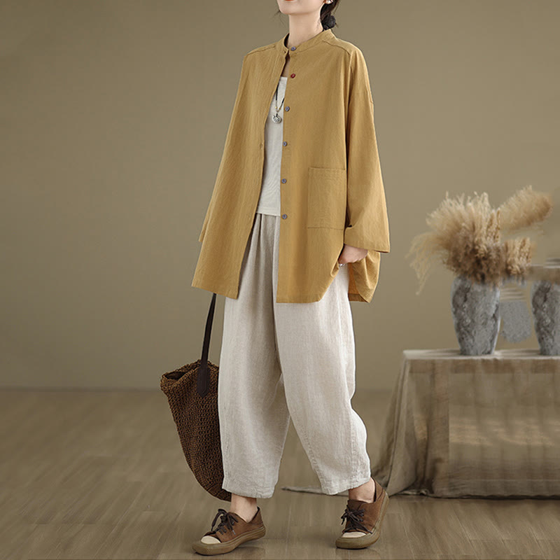 Buddha Stones Commute Casual Pure Color Long Sleeve Women's Cotton Linen Shirt With Pocket