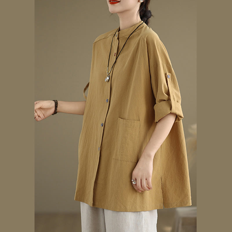 Buddha Stones Commute Casual Pure Color Long Sleeve Women's Cotton Linen Shirt With Pocket