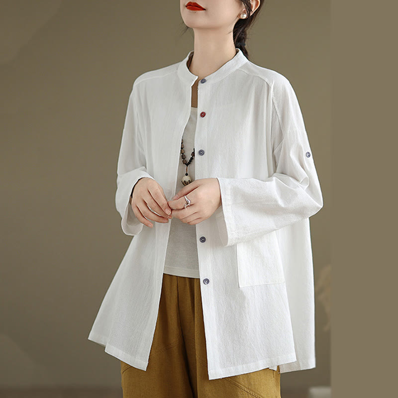 Buddha Stones Commute Casual Pure Color Long Sleeve Women's Cotton Linen Shirt With Pocket