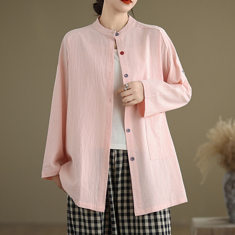 Buddha Stones Commute Casual Pure Color Long Sleeve Women's Cotton Linen Shirt With Pocket