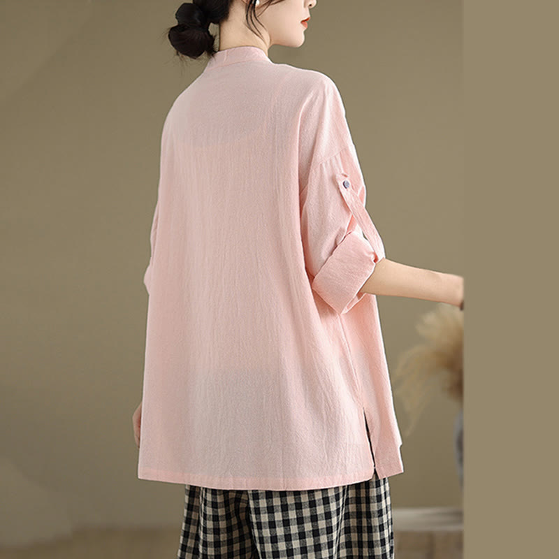 Buddha Stones Commute Casual Pure Color Long Sleeve Women's Cotton Linen Shirt With Pocket