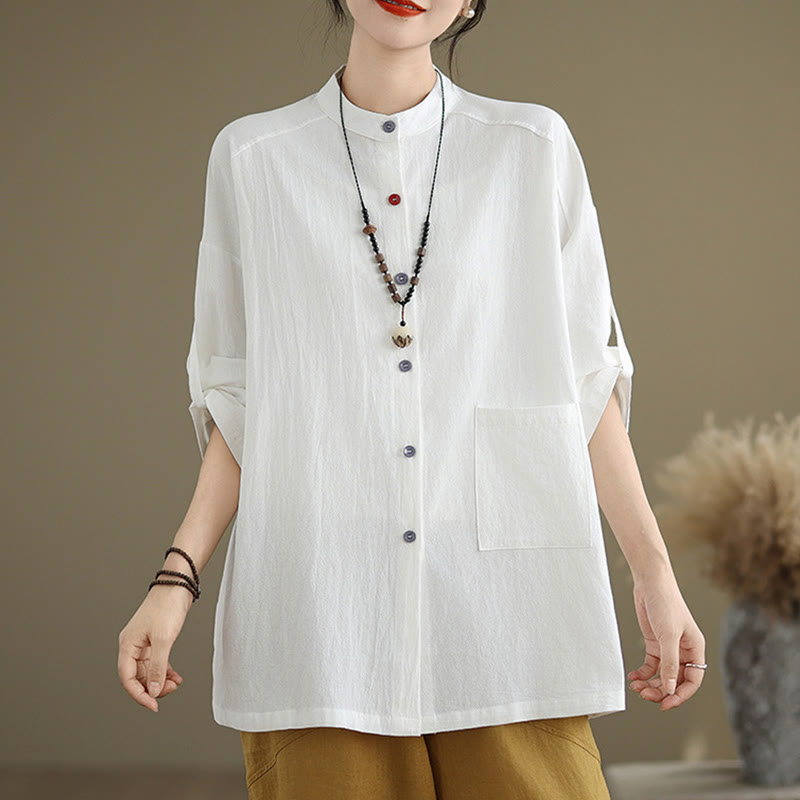 Buddha Stones Commute Casual Pure Color Long Sleeve Women's Cotton Linen Shirt With Pocket