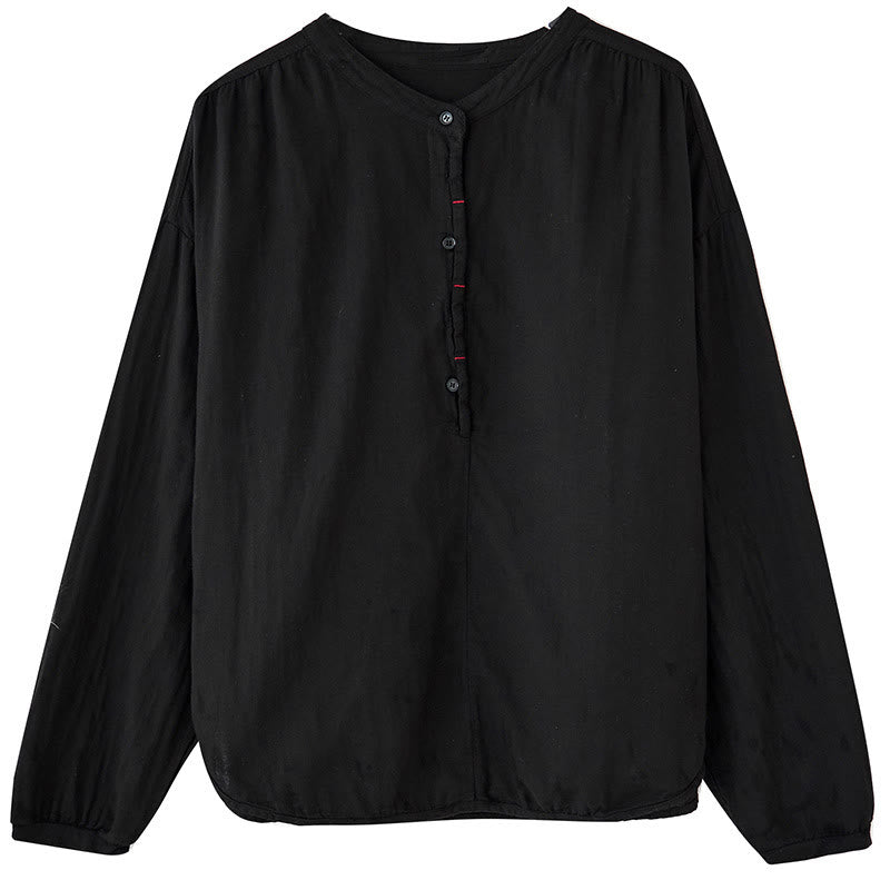 Buddha Stones Commute Spring Plain Half Buttons Simple Design Women's Cotton Linen Shirt
