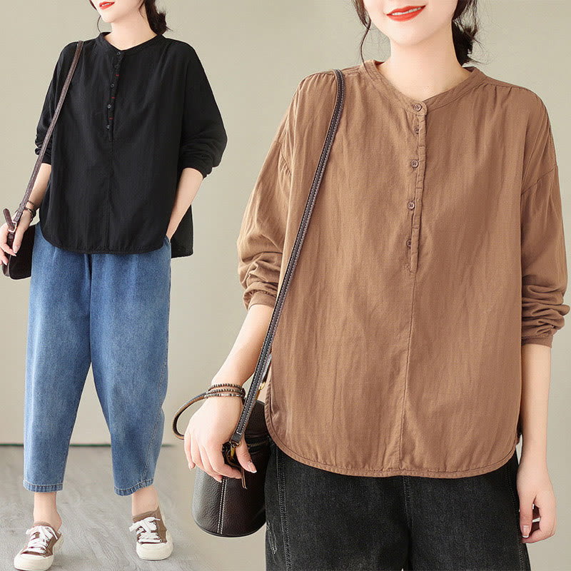 Buddha Stones Commute Spring Plain Half Buttons Simple Design Women's Cotton Linen Shirt