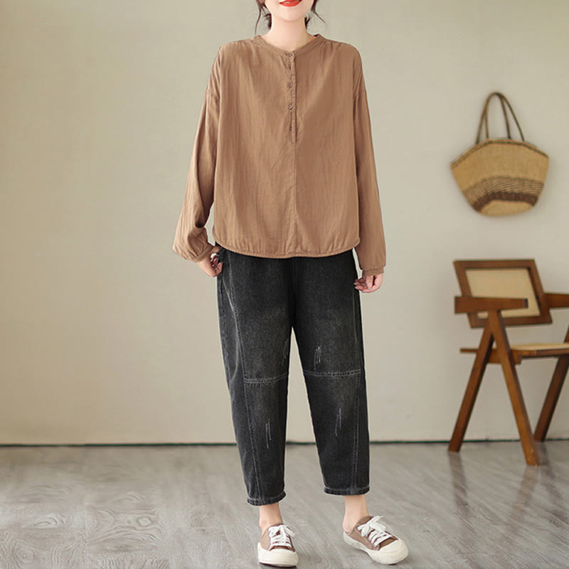 Buddha Stones Commute Spring Plain Half Buttons Simple Design Women's Cotton Linen Shirt