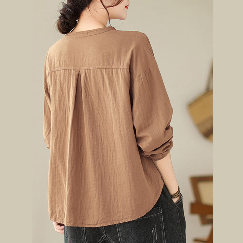 Buddha Stones Commute Spring Plain Half Buttons Simple Design Women's Cotton Linen Shirt