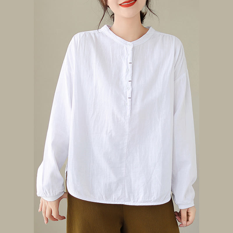 Buddha Stones Commute Spring Plain Half Buttons Simple Design Women's Cotton Linen Shirt