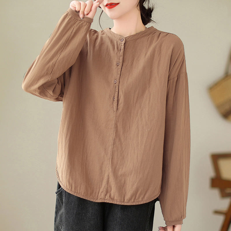 Buddha Stones Commute Spring Plain Half Buttons Simple Design Women's Cotton Linen Shirt