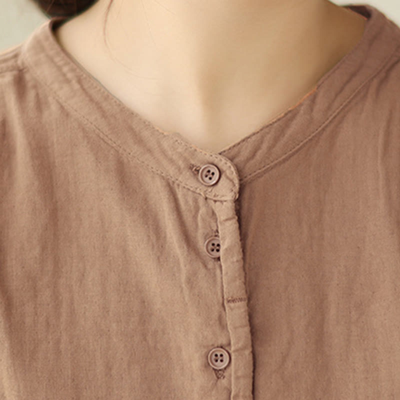 Buddha Stones Commute Spring Plain Half Buttons Simple Design Women's Cotton Linen Shirt