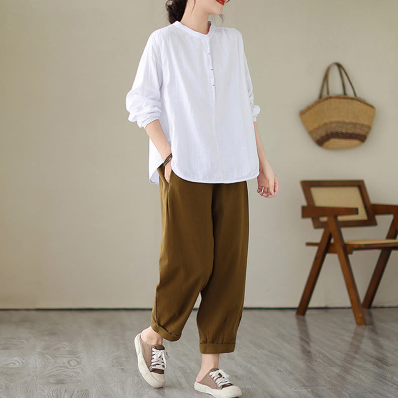Buddha Stones Commute Spring Plain Half Buttons Simple Design Women's Cotton Linen Shirt