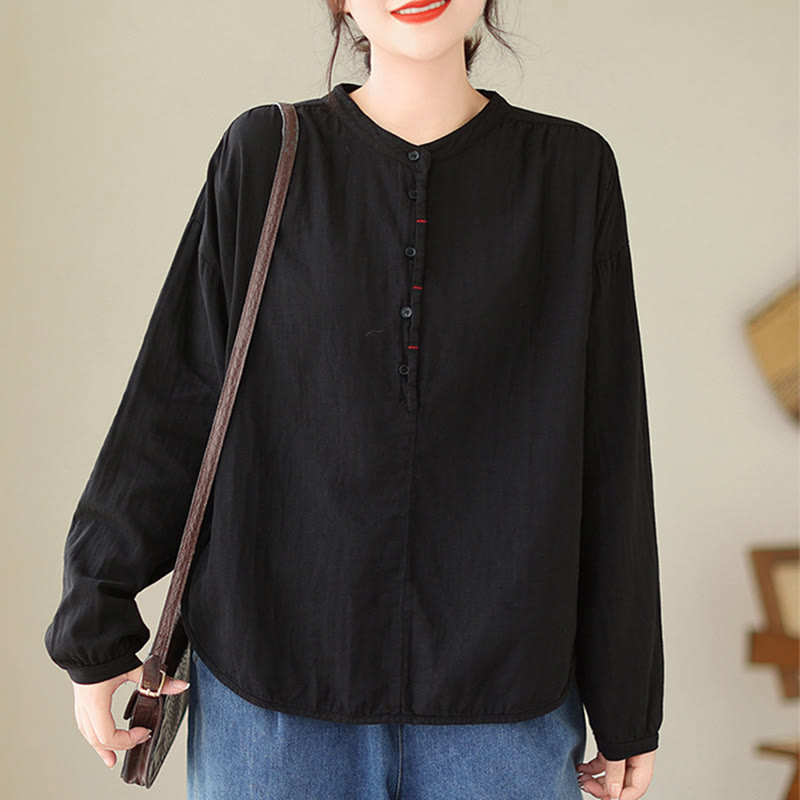 Buddha Stones Commute Spring Plain Half Buttons Simple Design Women's Cotton Linen Shirt