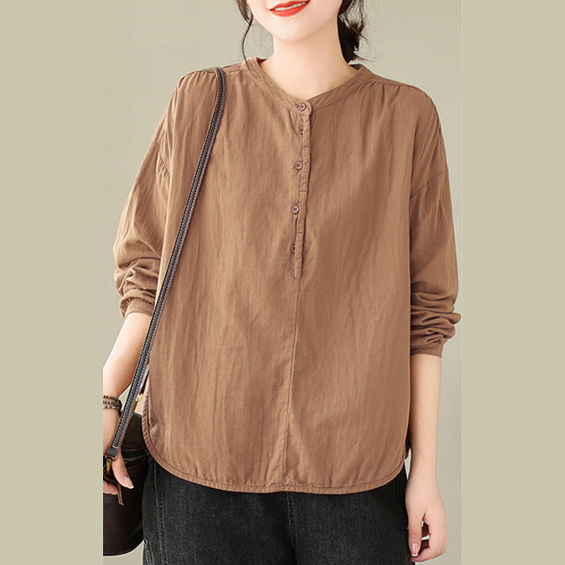 Buddha Stones Commute Spring Plain Half Buttons Simple Design Women's Cotton Linen Shirt