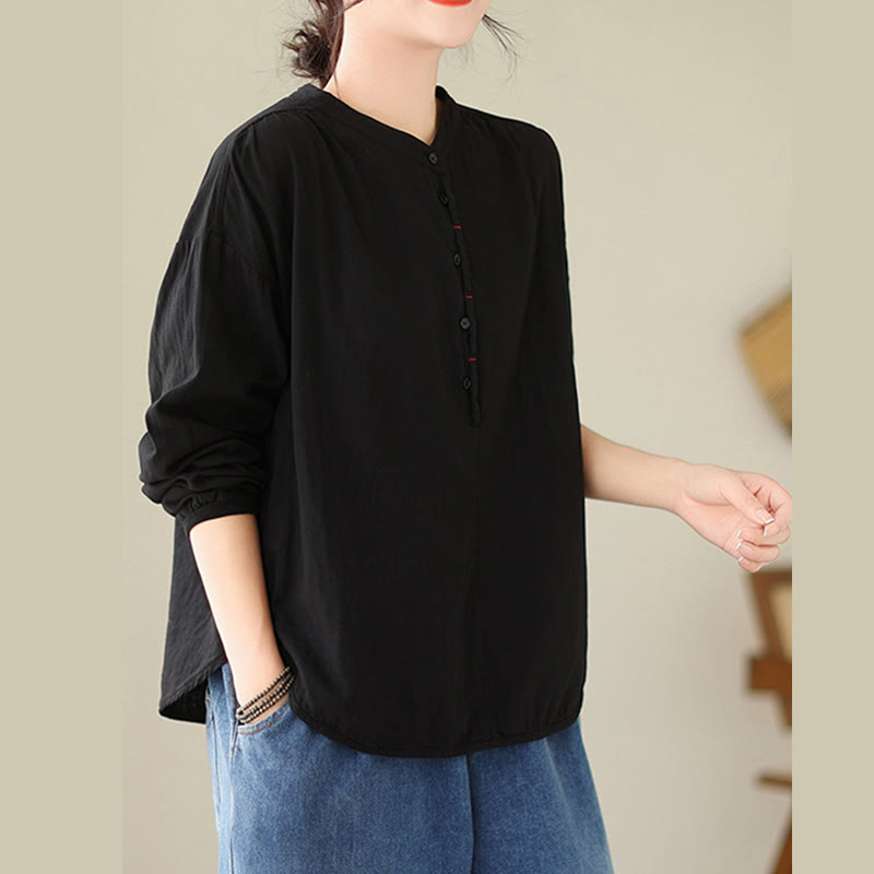 Buddha Stones Commute Spring Plain Half Buttons Simple Design Women's Cotton Linen Shirt