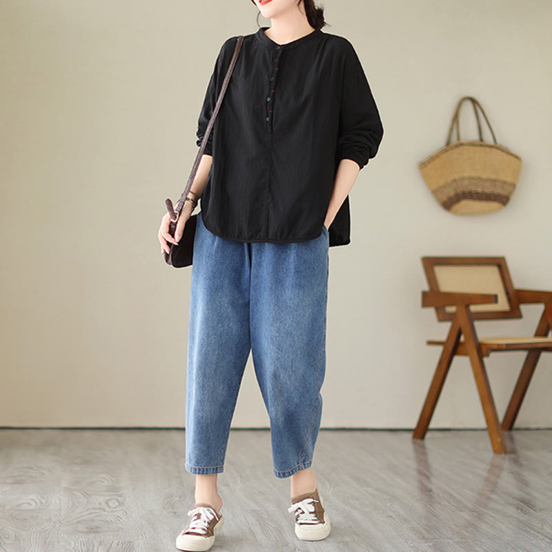 Buddha Stones Commute Spring Plain Half Buttons Simple Design Women's Cotton Linen Shirt