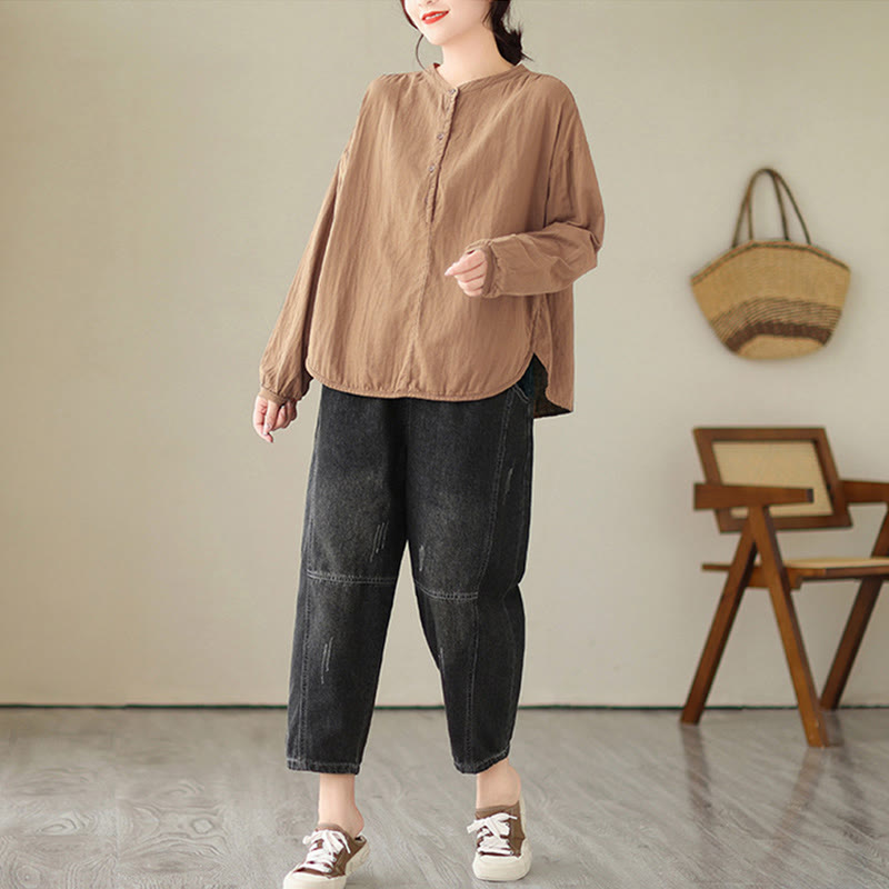 Buddha Stones Commute Spring Plain Half Buttons Simple Design Women's Cotton Linen Shirt