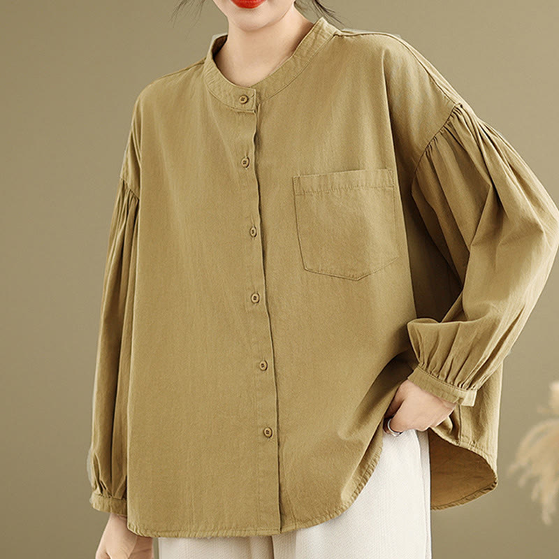 Buddha Stones Commute Plain Half Buttons Accordion Pleats Design Women's Cotton Linen Shirt