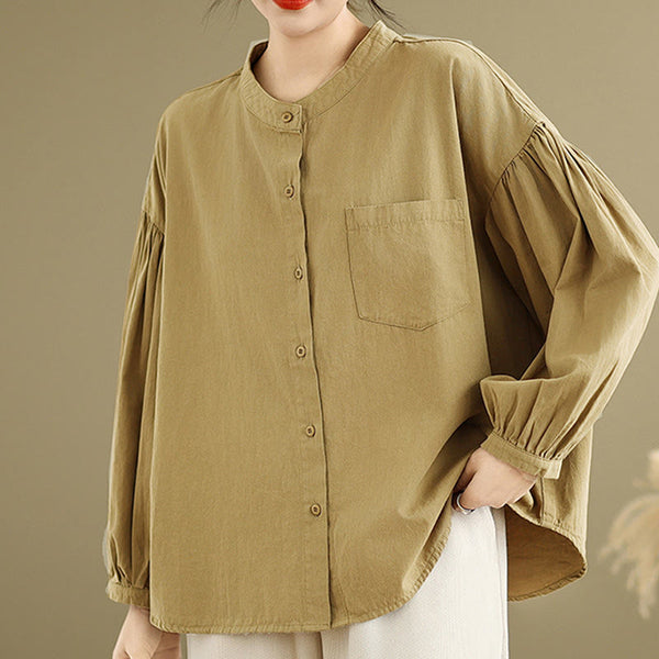 Buddha Stones Commute Plain Half Buttons Accordion Pleats Design Women's Cotton Linen Shirt