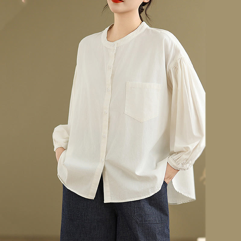 Buddha Stones Commute Plain Half Buttons Accordion Pleats Design Women's Cotton Linen Shirt