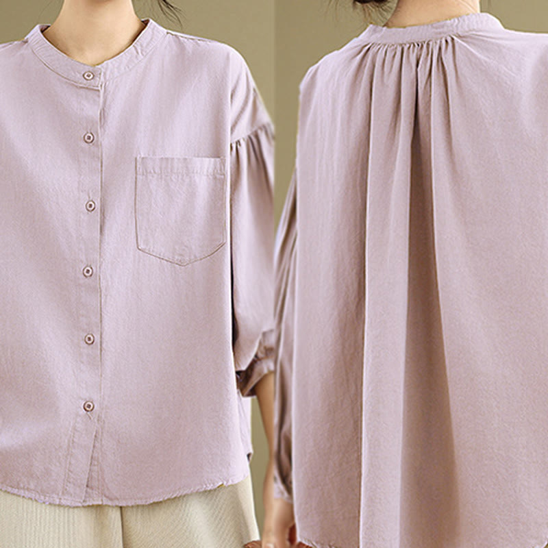 Buddha Stones Commute Plain Half Buttons Accordion Pleats Design Women's Cotton Linen Shirt