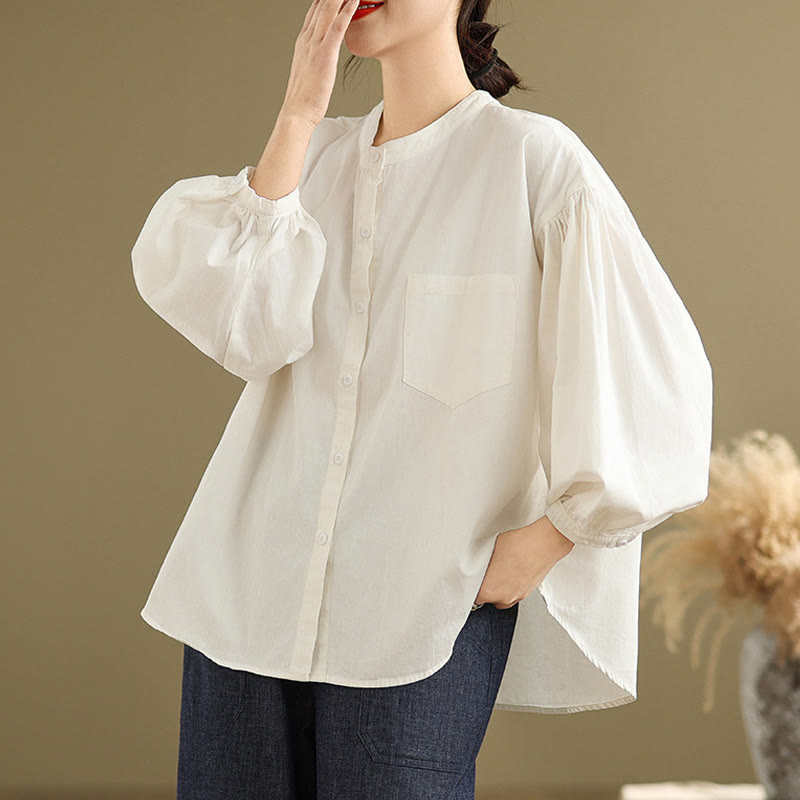 Buddha Stones Commute Plain Half Buttons Accordion Pleats Design Women's Cotton Linen Shirt