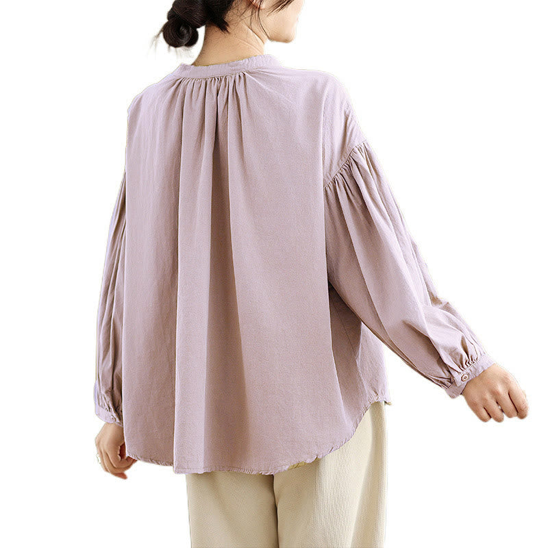 Buddha Stones Commute Plain Half Buttons Accordion Pleats Design Women's Cotton Linen Shirt