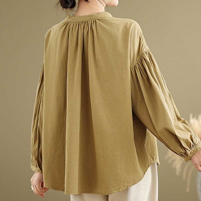 Buddha Stones Commute Plain Half Buttons Accordion Pleats Design Women's Cotton Linen Shirt