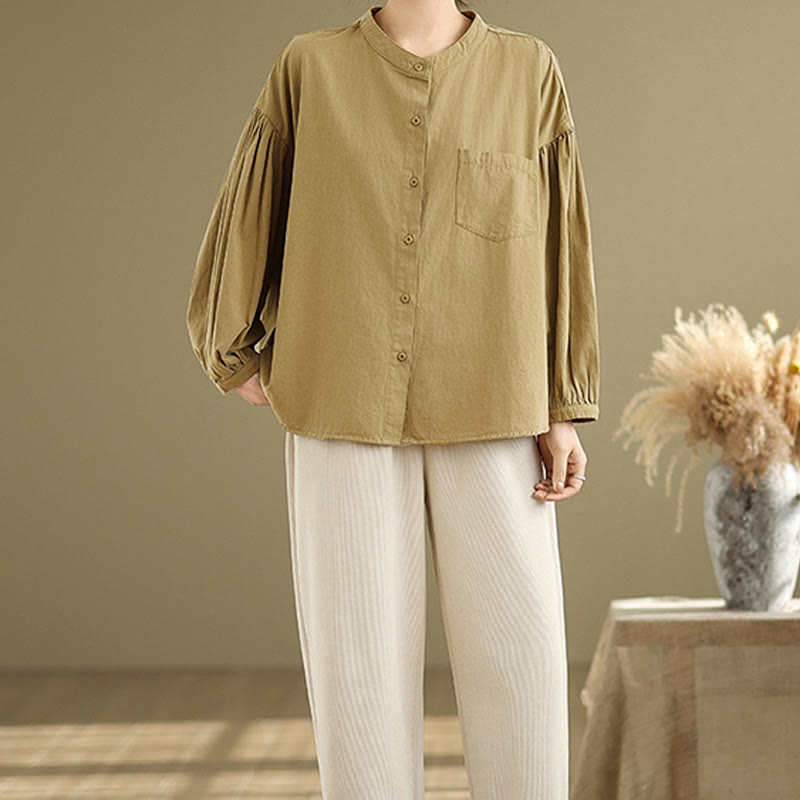 Buddha Stones Commute Plain Half Buttons Accordion Pleats Design Women's Cotton Linen Shirt