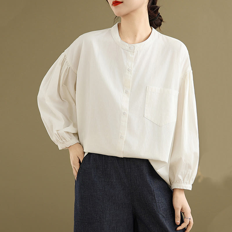 Buddha Stones Commute Plain Half Buttons Accordion Pleats Design Women's Cotton Linen Shirt