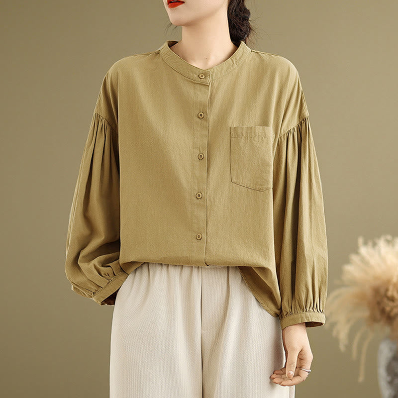 Buddha Stones Commute Plain Half Buttons Accordion Pleats Design Women's Cotton Linen Shirt
