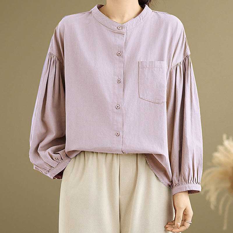 Buddha Stones Commute Plain Half Buttons Accordion Pleats Design Women's Cotton Linen Shirt